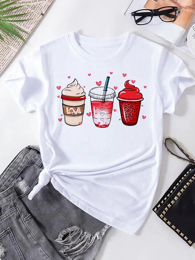 Sieviešu T-krekls Korejiešu modes kafijas krūze ar apdruku T-krekls Grafisks sieviešu apģērbs Valentīna dienas topi mīļāko īsu piedurkņu T krekli
