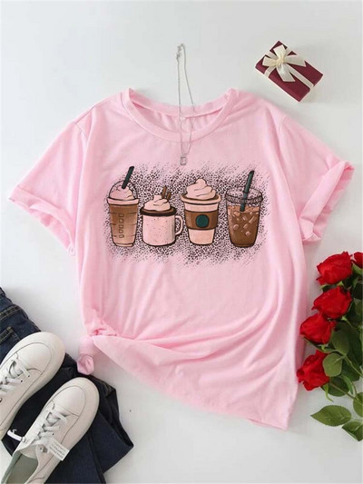 Sieviešu T-krekls Korejiešu modes kafijas krūze ar apdruku T-krekls Grafisks sieviešu apģērbs Valentīna dienas topi mīļāko īsu piedurkņu T krekli