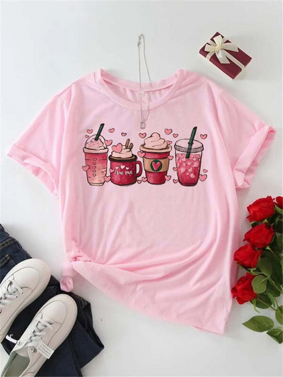 Sieviešu T-krekls Korejiešu modes kafijas krūze ar apdruku T-krekls Grafisks sieviešu apģērbs Valentīna dienas topi mīļāko īsu piedurkņu T krekli