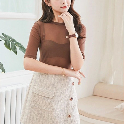 Καλοκαιρινό Y2k διαφανές διχτυωτό λεπτό μπλουζάκι Γυναικείο κοντό μανίκι O λαιμό Γυναικείες μπλούζες Μέγεθος πουκάμισου SML XL Μισόμανικο μπλουζάκια Ρούχα