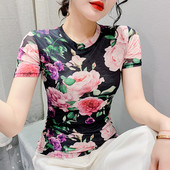 Tricou cu plasă imprimat S-3XL pentru femei Tricouri subțiri cu mânecă scurtă pentru damă, elegante, elastice, cu decolteu O, cu flori, tricouuri, pentru femei