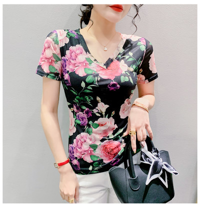 Tricou cu plasă imprimat S-3XL pentru femei Tricouri subțiri cu mânecă scurtă pentru damă, elegante, elastice, cu decolteu O, cu flori, tricouuri, pentru femei