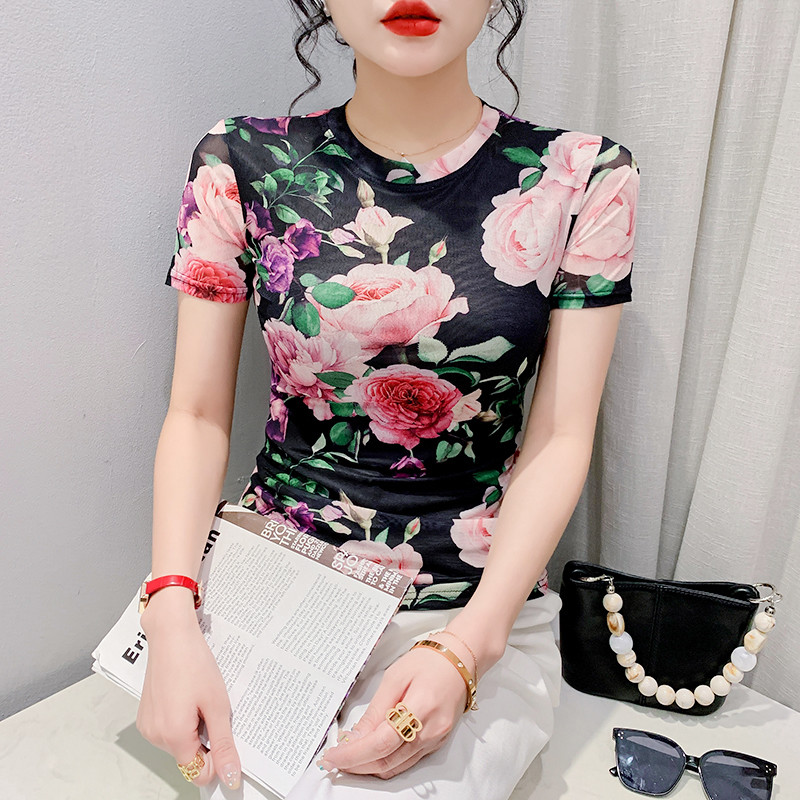 Tricou cu plasă imprimat S-3XL pentru femei Tricouri subțiri cu mânecă scurtă pentru damă, elegante, elastice, cu decolteu O, cu flori, tricouuri, pentru femei