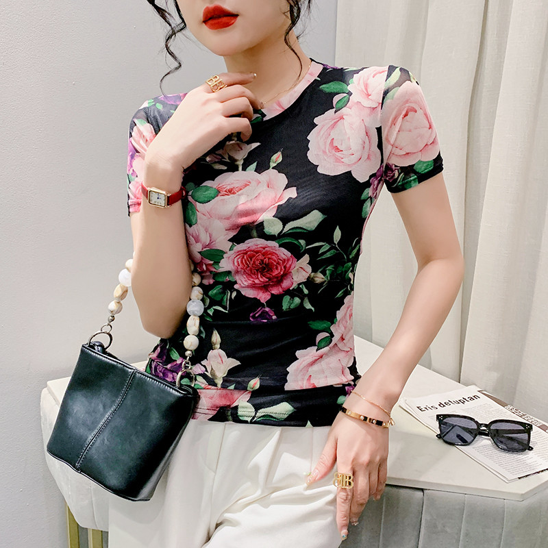 Tricou cu plasă imprimat S-3XL pentru femei Tricouri subțiri cu mânecă scurtă pentru damă, elegante, elastice, cu decolteu O, cu flori, tricouuri, pentru femei
