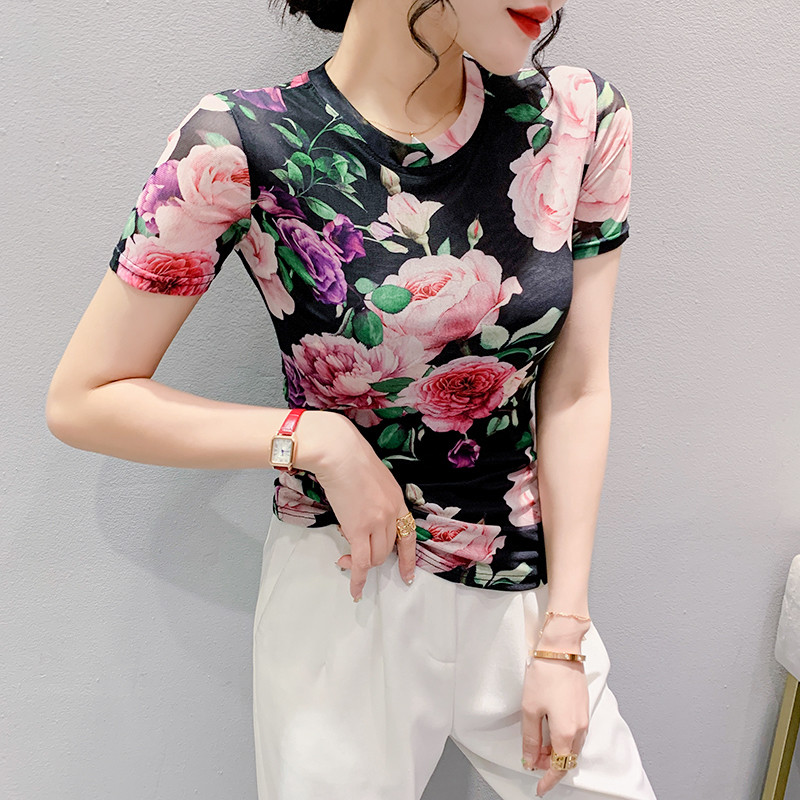 Tricou cu plasă imprimat S-3XL pentru femei Tricouri subțiri cu mânecă scurtă pentru damă, elegante, elastice, cu decolteu O, cu flori, tricouuri, pentru femei