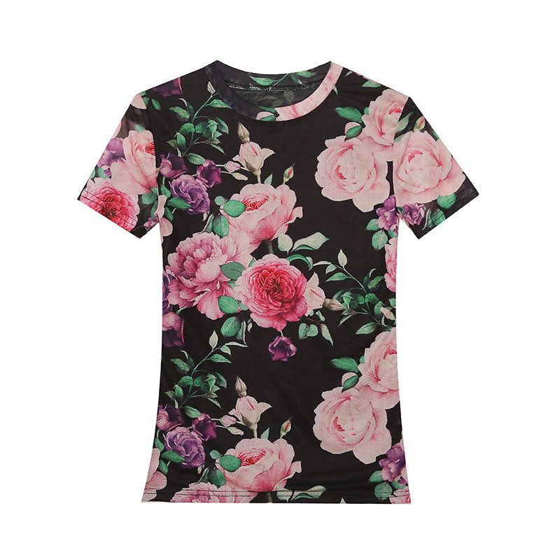 Tricou cu plasă imprimat S-3XL pentru femei Tricouri subțiri cu mânecă scurtă pentru damă, elegante, elastice, cu decolteu O, cu flori, tricouuri, pentru femei