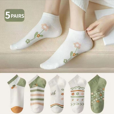 5 paari/pakend Naiste sokid armsad lühikesed lilled pahkluu nähtamatud paadpitssokid multifilmid lilled sokid kaltsetiinid hingavad suvi