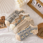 Pachet 4 perechi de șosete pentru femei cu flori pentru glezne Harajuku Kawaii bumbac Skarpetkie Damski stil coreean Floral invizibil No Show Cute Sox