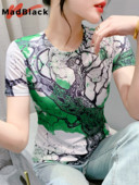 MadBlack Euroopa Riided Tsärgid Naiste Seksikas Ümarkrae asend Prindi õhuke võrktop lühikeste varrukatega trikoo suvi Uus 2024 T44912JM