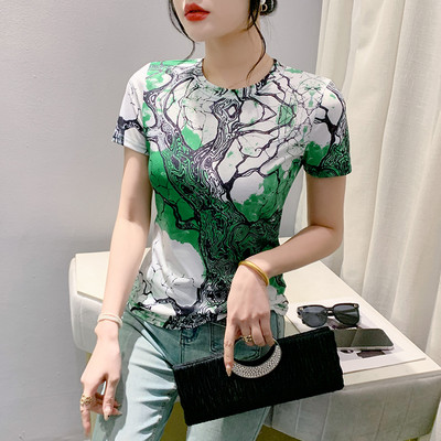 MadBlack Euroopa Riided Tsärgid Naiste Seksikas Ümarkrae asend Prindi õhuke võrktop lühikeste varrukatega trikoo suvi Uus 2024 T44912JM