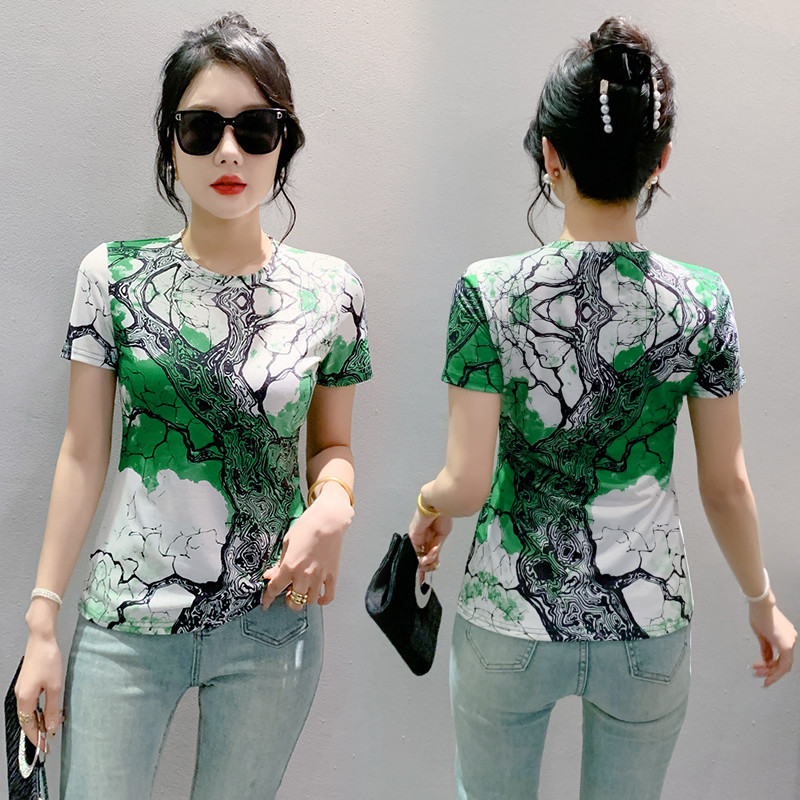 MadBlack Euroopa Riided Tsärgid Naiste Seksikas Ümarkrae asend Prindi õhuke võrktop lühikeste varrukatega trikoo suvi Uus 2024 T44912JM