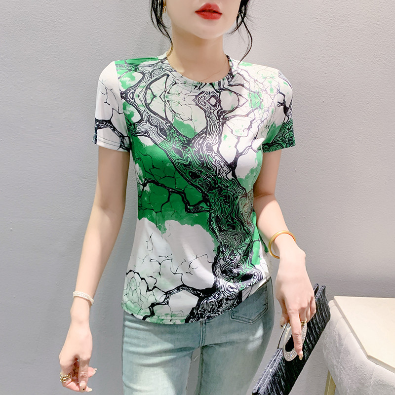 MadBlack Euroopa Riided Tsärgid Naiste Seksikas Ümarkrae asend Prindi õhuke võrktop lühikeste varrukatega trikoo suvi Uus 2024 T44912JM