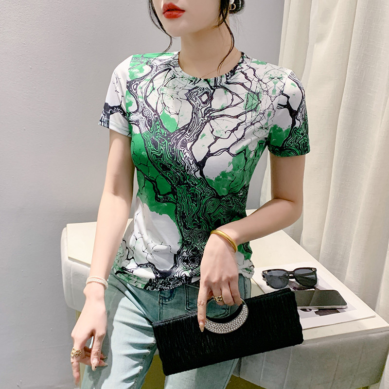 MadBlack Euroopa Riided Tsärgid Naiste Seksikas Ümarkrae asend Prindi õhuke võrktop lühikeste varrukatega trikoo suvi Uus 2024 T44912JM