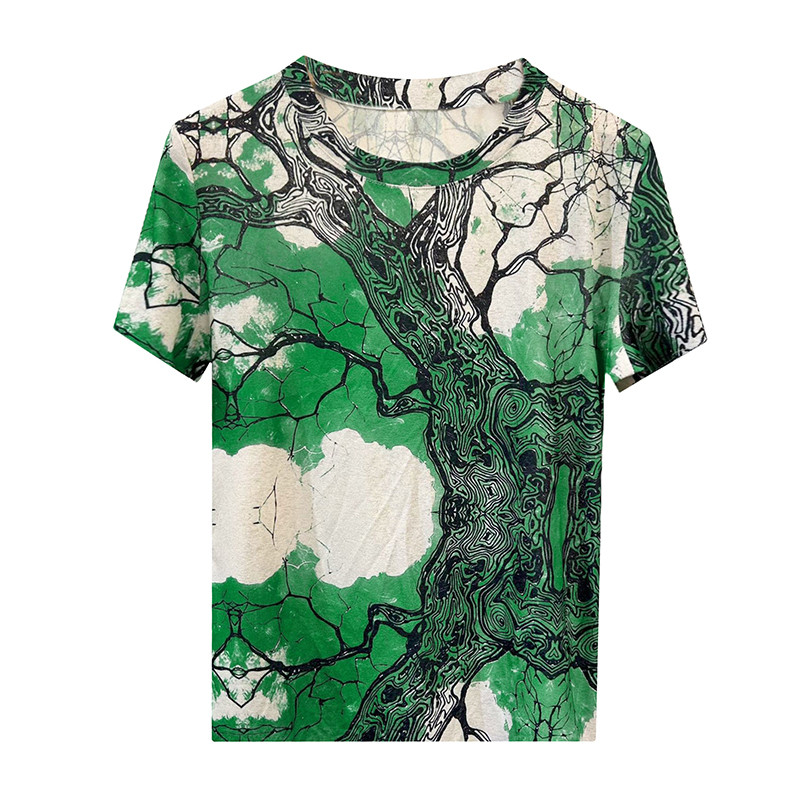 MadBlack Euroopa Riided Tsärgid Naiste Seksikas Ümarkrae asend Prindi õhuke võrktop lühikeste varrukatega trikoo suvi Uus 2024 T44912JM