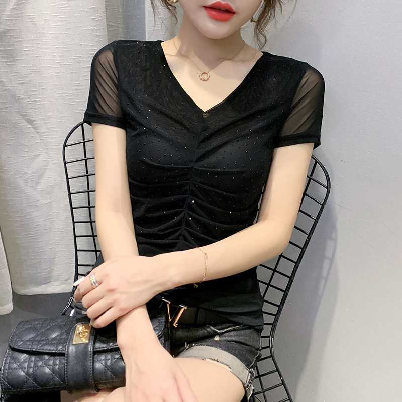 #5203 Punane Must Valge Sinine Seksikas võrksärk Naiste V-kaelusega lühike T-särk Naiste lühikeste varrukatega T-särgid Naiste Korea stiilis suvi