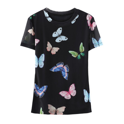 Nyári elbűvölő nő, pillangós, légáteresztő, alsó irodai alkalmi póló, rövid ujjú, kerek nyakú női hálós M-4XL