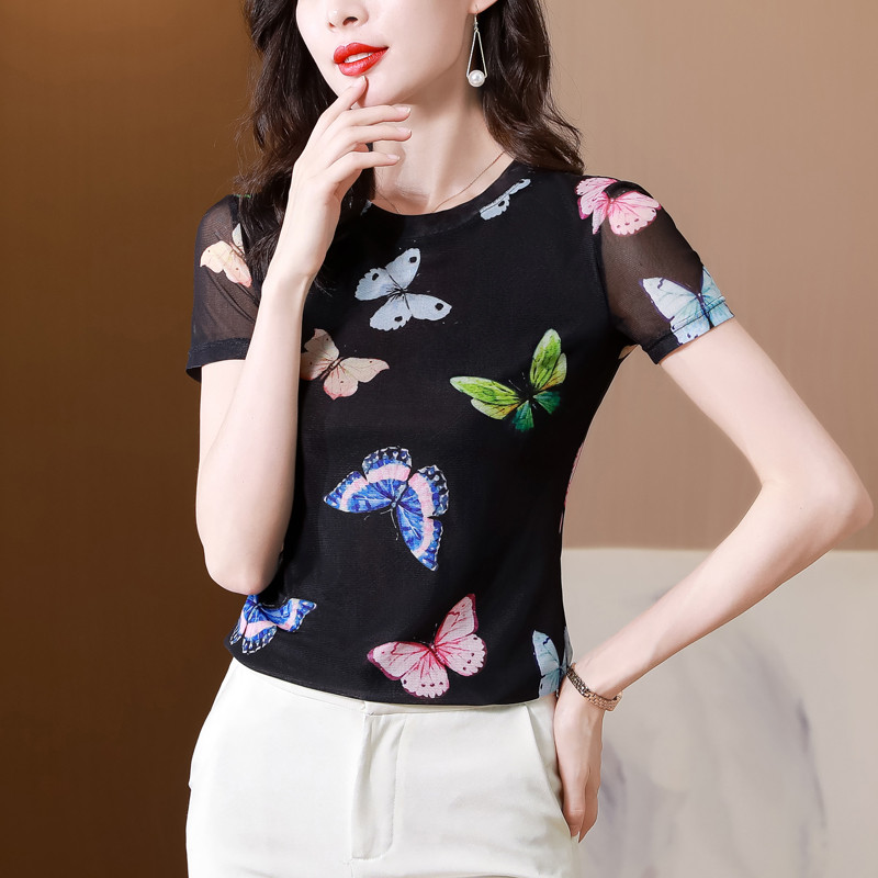 Nyári elbűvölő nő, pillangós, légáteresztő, alsó irodai alkalmi póló, rövid ujjú, kerek nyakú női hálós M-4XL