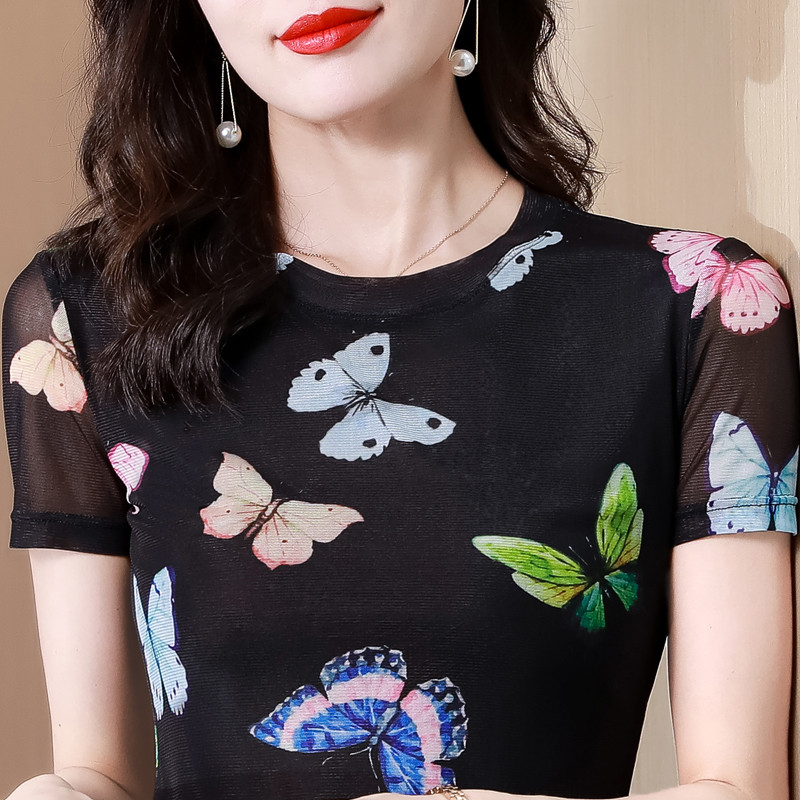 Nyári elbűvölő nő, pillangós, légáteresztő, alsó irodai alkalmi póló, rövid ujjú, kerek nyakú női hálós M-4XL