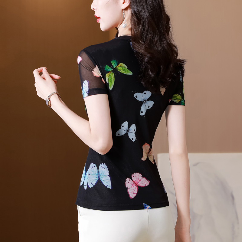 Nyári elbűvölő nő, pillangós, légáteresztő, alsó irodai alkalmi póló, rövid ujjú, kerek nyakú női hálós M-4XL