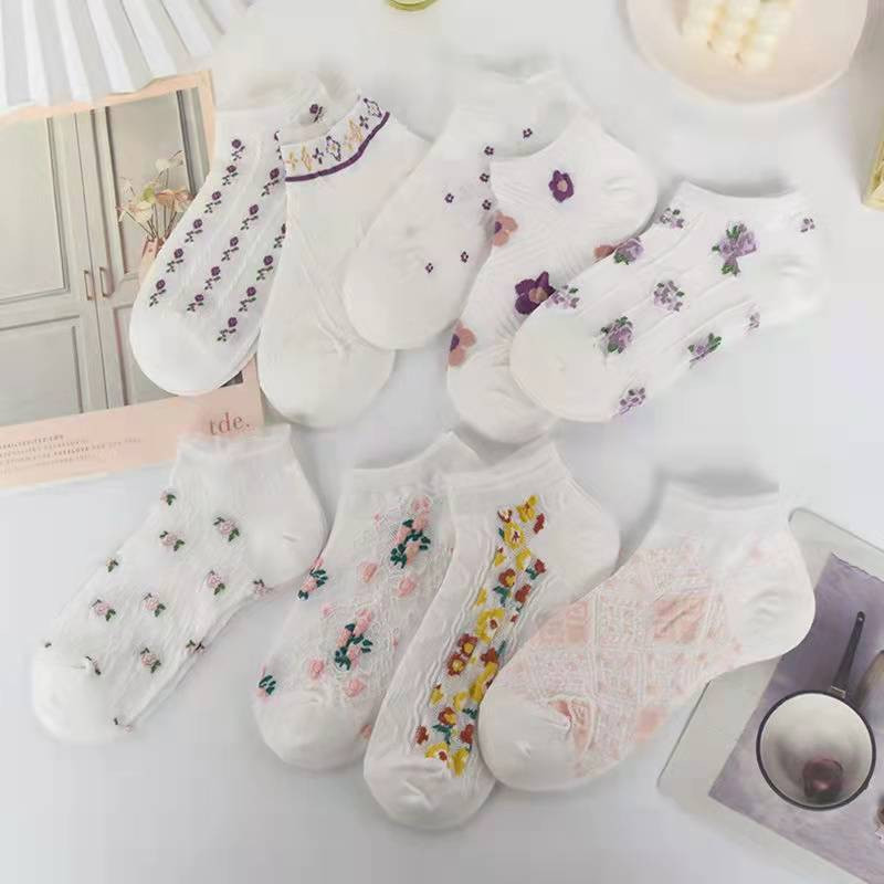 5 paari komplekti lilled sokid naiste pakk pahkluu Harajuku kawaii armsad puuvillased Skarpetkie Damski Bohemia stiilis lillelised nähtamatud sokid