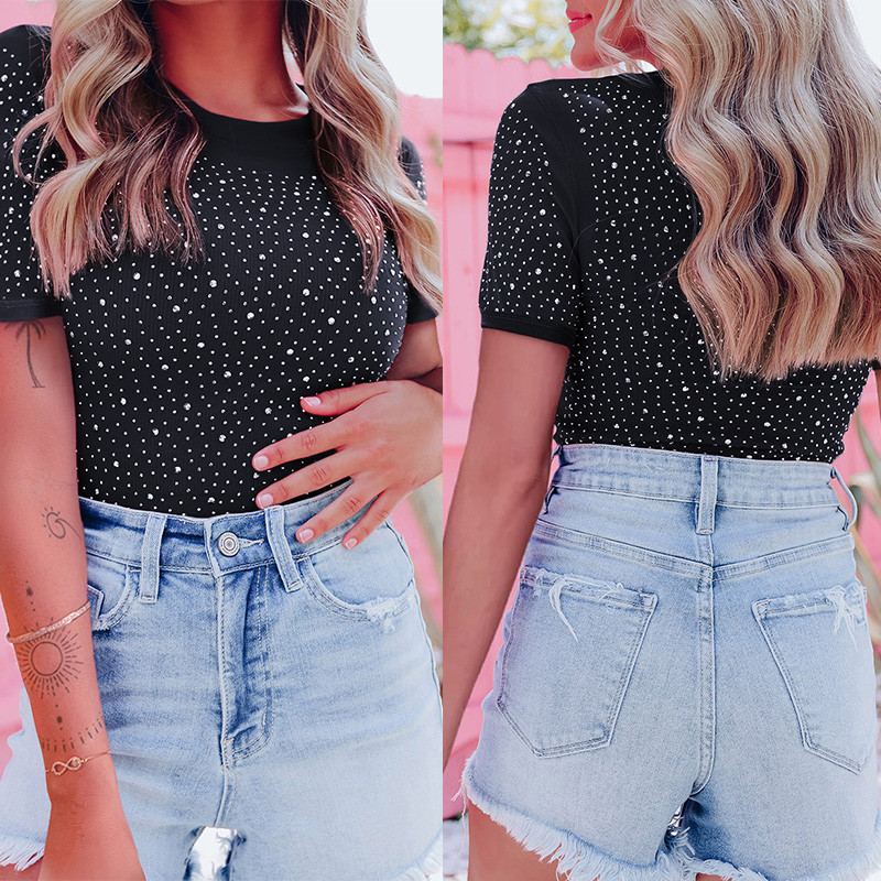 CyiExi mustad/roosilised naiste kivist body, ümmargune kaelus, lühikeste varrukatega, kõhnad bodid Naiste ööklubi kehakatted S-XL