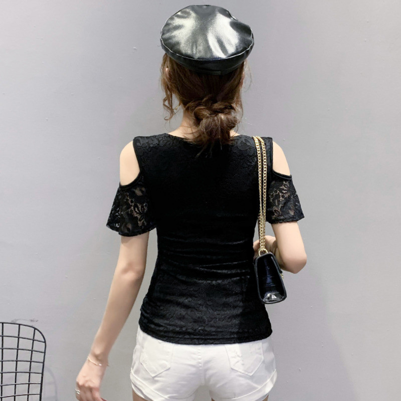 #5204 Must valge lühike pitsiline top T-särk lühikeste varrukatega V-kaelusega teemantidega Seksikas kitsas õlgade T-särk naistele õhuke õhuke suvine