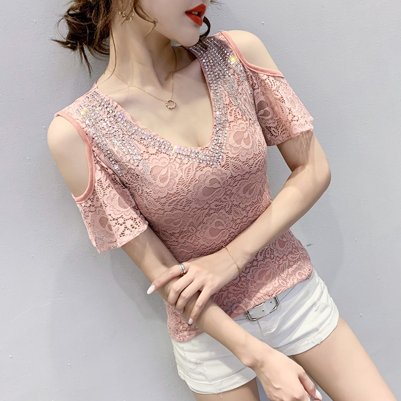 #5204 Must valge lühike pitsiline top T-särk lühikeste varrukatega V-kaelusega teemantidega Seksikas kitsas õlgade T-särk naistele õhuke õhuke suvine