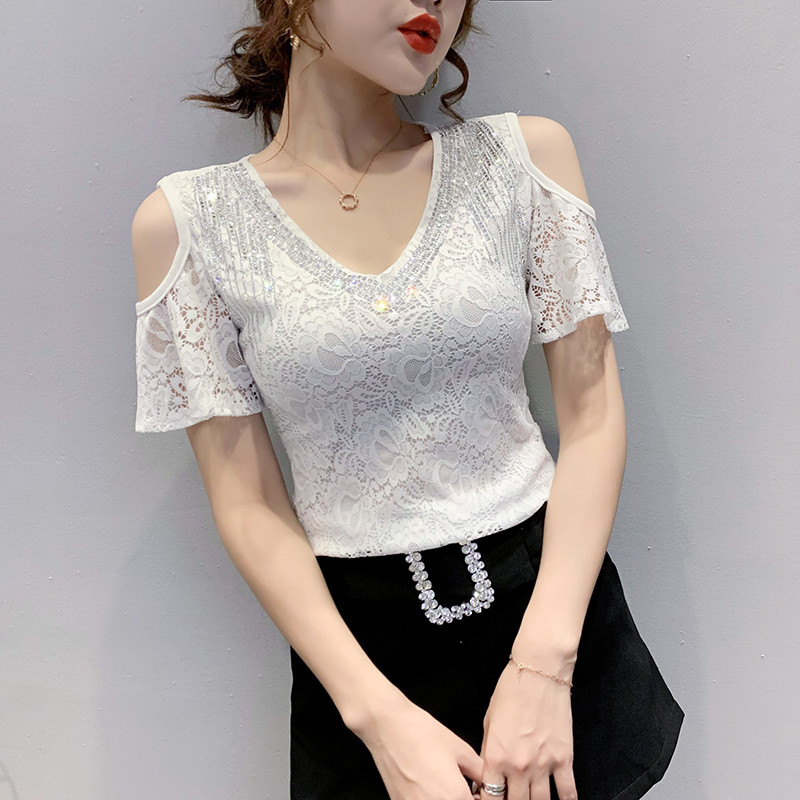 #5204 Must valge lühike pitsiline top T-särk lühikeste varrukatega V-kaelusega teemantidega Seksikas kitsas õlgade T-särk naistele õhuke õhuke suvine