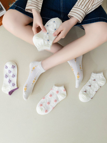 5 чифта дамски къси чорапи с кръгло деколте Модни многофункционални сладки щамповани чорапи Леки и дишащи летни чорапи до глезена