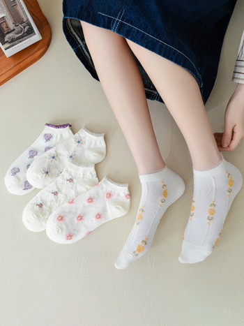 5 чифта дамски къси чорапи с кръгло деколте Модни многофункционални сладки щамповани чорапи Леки и дишащи летни чорапи до глезена