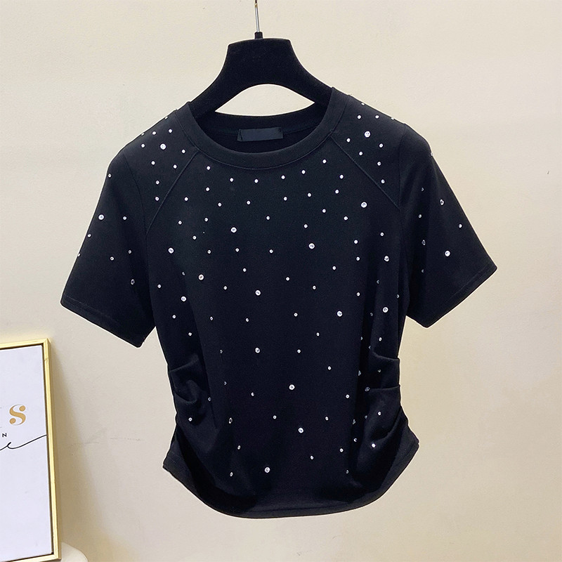 Tricou cu diamante nou-nouț pentru femei, cu decolteu în formă de neregulat, tricouri scurte pentru femei, pentru petrecere a timpului liber, subțire, cu mânecă scurtă, tricou pentru femei, topuri, tricouri