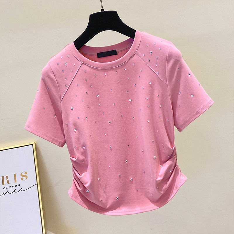 Tricou cu diamante nou-nouț pentru femei, cu decolteu în formă de neregulat, tricouri scurte pentru femei, pentru petrecere a timpului liber, subțire, cu mânecă scurtă, tricou pentru femei, topuri, tricouri