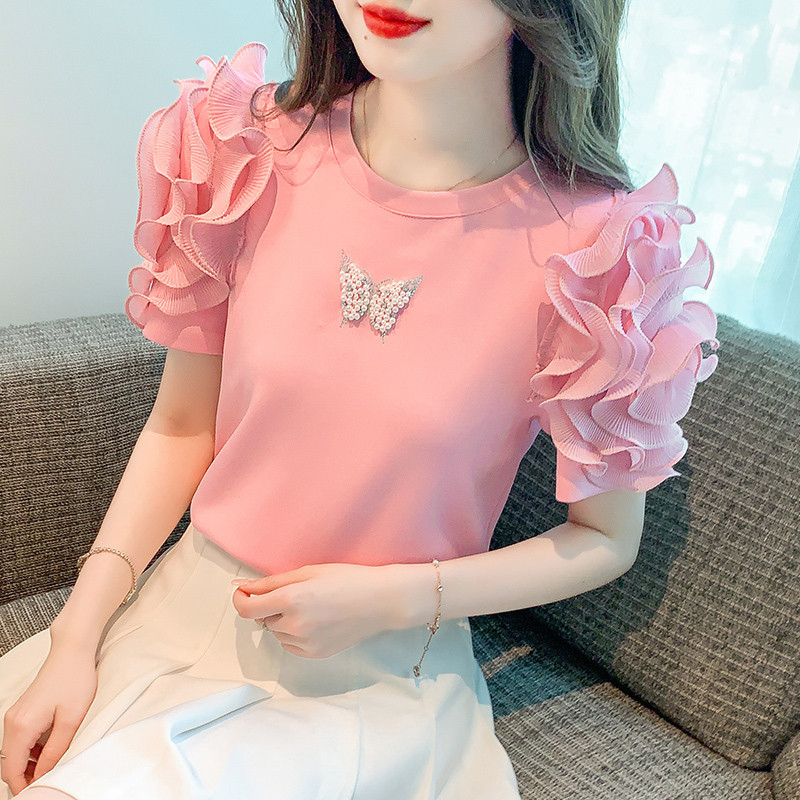 Chic Ženske majice kratkih rukava s volanima i O-izrezom Modne ljetne majice s O-izrezom De Verano Mujer 2023 Nove majice