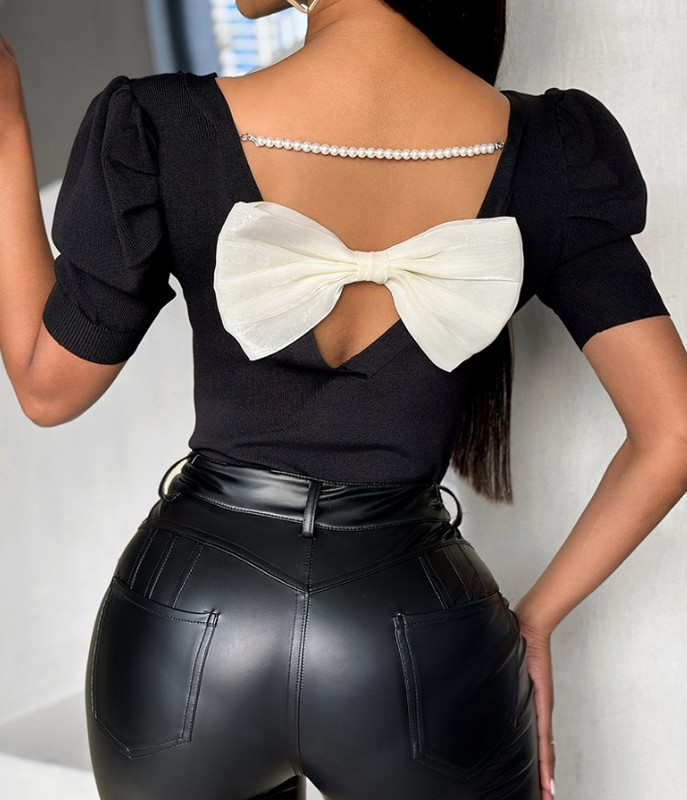 Topuri din tricot slim fit cu mâneci scurte, fără spate, sexy 2024 Detalii cu lanțuri de perle cu fundă elegantă Tricou cu mâneci bufante scurte Îmbrăcăminte Y2K