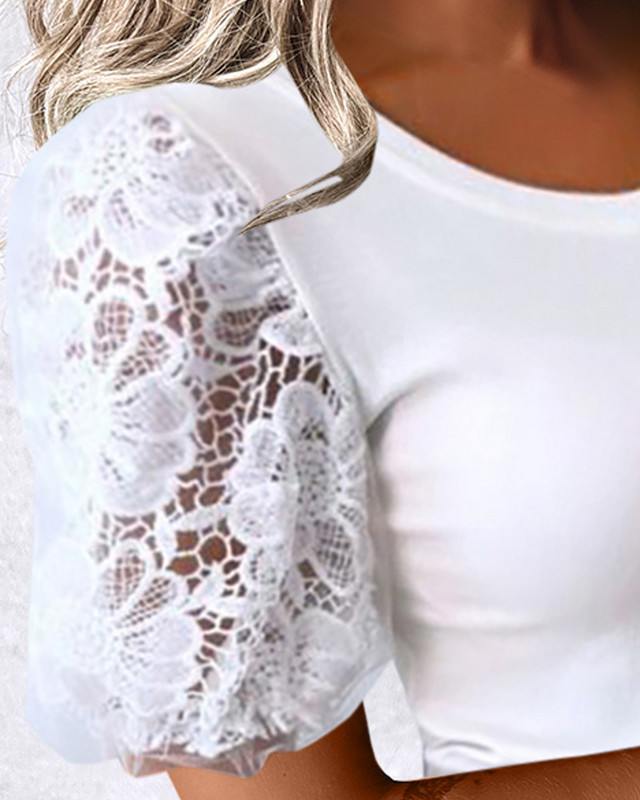 Topuri albe femei 2024 modă de vară cu model floral din dantelă cu mâneci bufante casual simplu cu gât în U cu mânecă scurtă pentru zi cu zi