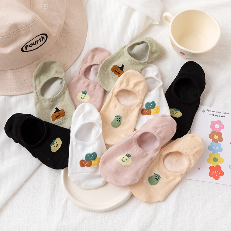 5 ζευγάρια Γυναικείες αντιολισθητικές αόρατες κάλτσες σιλικόνης Lady καλοκαιρινές κάλτσες με σχέδιο λαχανικών για τον αστράγαλο Γυναικεία μαλακή κάλτσα που αναπνέει