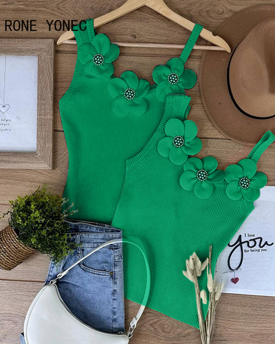 2024. aasta naiste šikid soliidsed kolmemõõtmelised kaunistused lilledega helmestega varrukateta seksikad Camis Crop topid