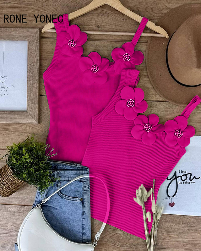 2024. aasta naiste šikid soliidsed kolmemõõtmelised kaunistused lilledega helmestega varrukateta seksikad Camis Crop topid