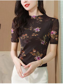 Άνοιξη Καλοκαίρι Κομψά εμπριμέ λουλούδια Γυναικείο μπλουζάκι διπλής στρώσης απλό γραφείου με μισό μανίκι με μισό ζιβάγκο Γυναικείο διχτυωτό M-4XL