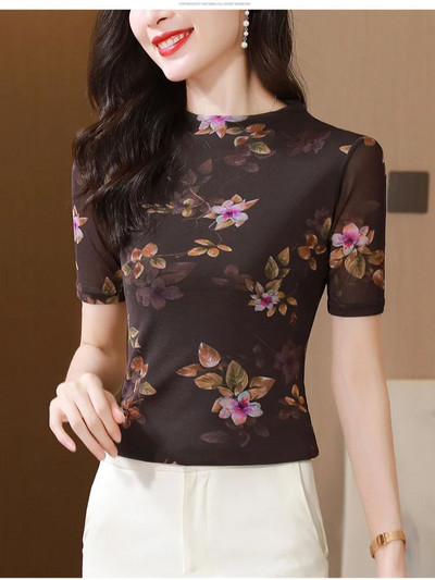 Άνοιξη Καλοκαίρι Κομψά εμπριμέ λουλούδια Γυναικείο μπλουζάκι διπλής στρώσης απλό γραφείου με μισό μανίκι με μισό ζιβάγκο Γυναικείο διχτυωτό M-4XL