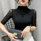 2023. aasta kevadsuvised topid, uus mood, poolkõrge kraega võrksärk, elastne poolvarrukatega vabaaja naiste T-särk