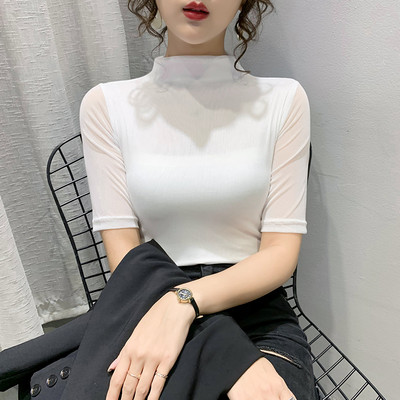 2023. aasta kevadsuvised topid, uus mood, poolkõrge kraega võrksärk, elastne poolvarrukatega vabaaja naiste T-särk