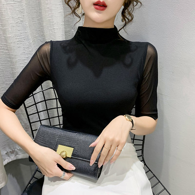 2023. aasta kevadsuvised topid, uus mood, poolkõrge kraega võrksärk, elastne poolvarrukatega vabaaja naiste T-särk