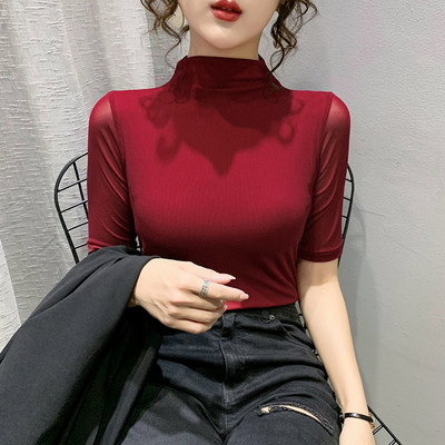 2023. aasta kevadsuvised topid, uus mood, poolkõrge kraega võrksärk, elastne poolvarrukatega vabaaja naiste T-särk