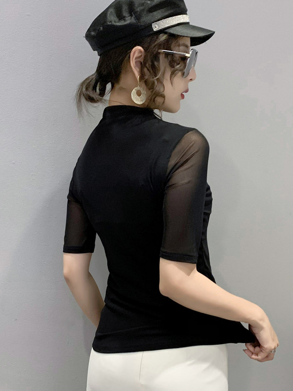 2023. aasta kevadsuvised topid, uus mood, poolkõrge kraega võrksärk, elastne poolvarrukatega vabaaja naiste T-särk