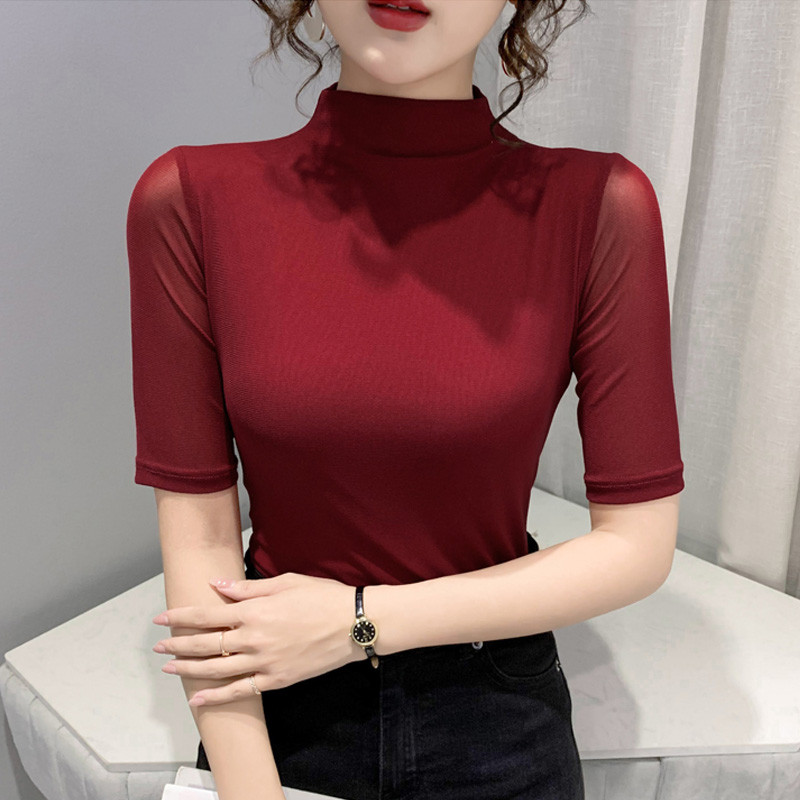 2023. aasta kevadsuvised topid, uus mood, poolkõrge kraega võrksärk, elastne poolvarrukatega vabaaja naiste T-särk