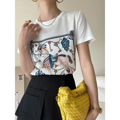 Tricou din satin de vară 2023 Tricou din mătase la modă pentru femei Tricou alb din mătase Design cu mâneci scurte Cămăși albe Luxry Sense Stain