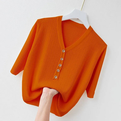 Uus kevadsuvi naiste kampsun lühikeste varrukatega V-kaelusega Slim Fit silmkoelised pulloverid, alumine vabaaja kampsun kudum Naiste pull