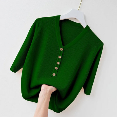 Uus kevadsuvi naiste kampsun lühikeste varrukatega V-kaelusega Slim Fit silmkoelised pulloverid, alumine vabaaja kampsun kudum Naiste pull