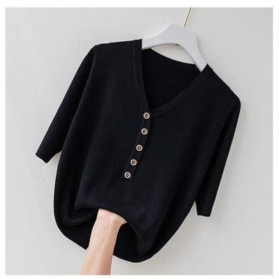 Uus kevadsuvi naiste kampsun lühikeste varrukatega V-kaelusega Slim Fit silmkoelised pulloverid, alumine vabaaja kampsun kudum Naiste pull